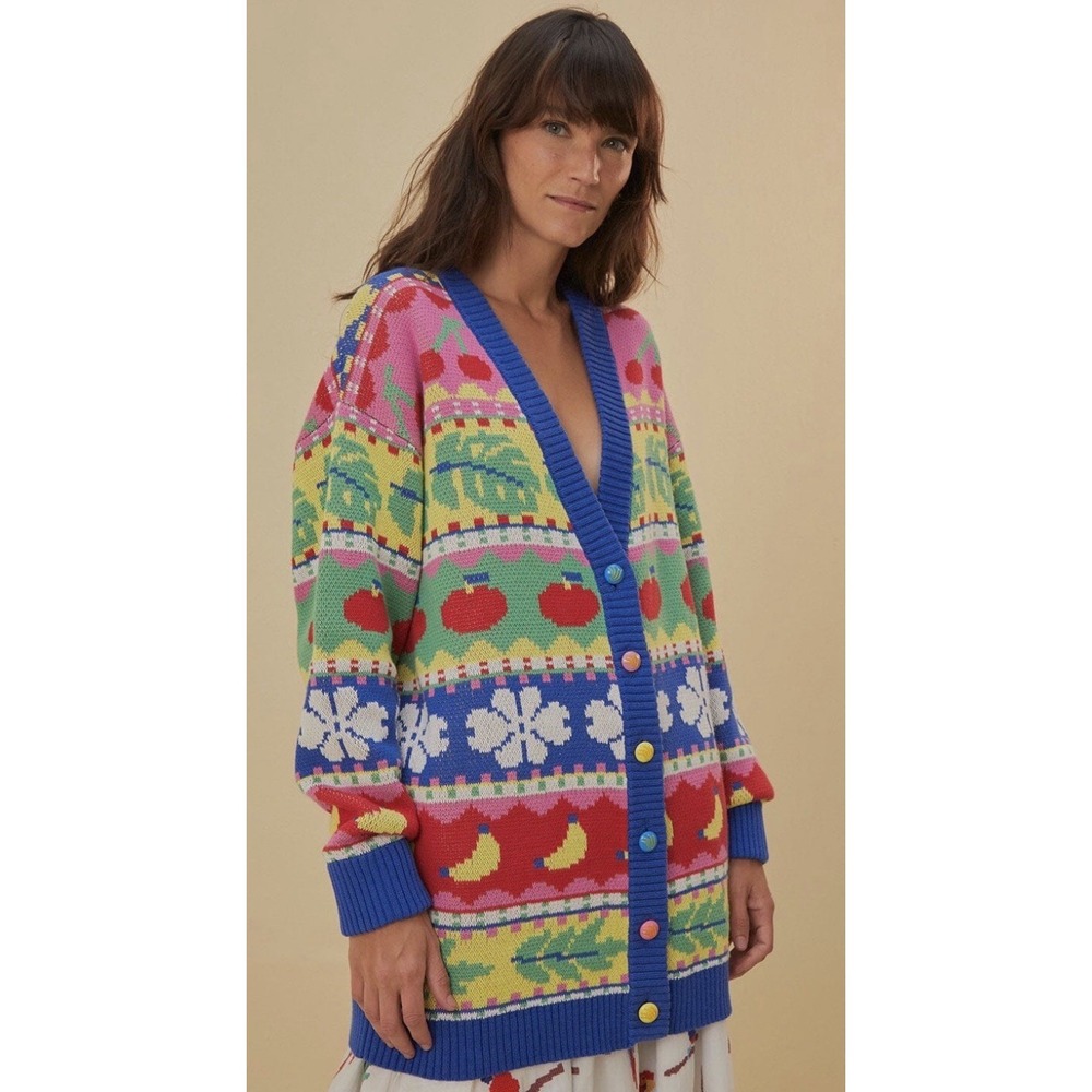 Farm Rio Sweet Orchard Knit Cardigan Size Medium 100% Cotton Oversized Fruit